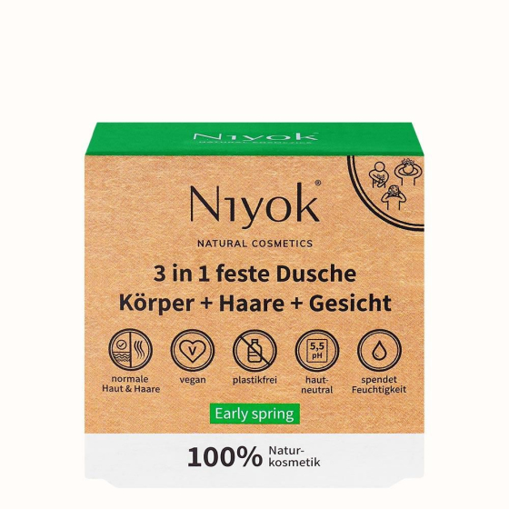 Niyok feste Dusche 3in1, Körper, Haare, Gesicht, Earyl spring, 80 g