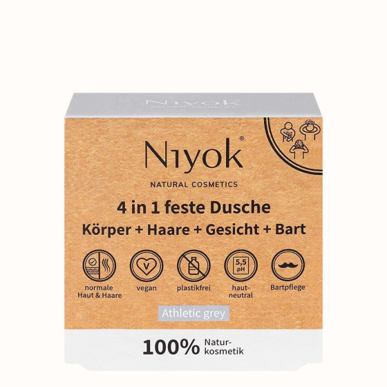 Niyok feste Dusche 4in1, Körper, Haare, Gesciht, Bart, Athletic grey, 80 g